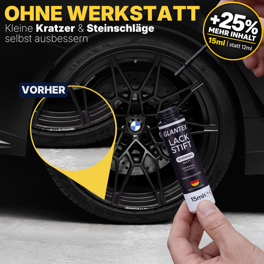 Lackstift Schwarz Matt mit geöffneter Verpackung und integriertem Präzisionspinsel