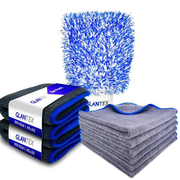 GLANTEX Autopflege Set mit Waschhandschuh, 2 Trockentüchern 800 GSM und 6 Allrounder Tüchern 380 GSM