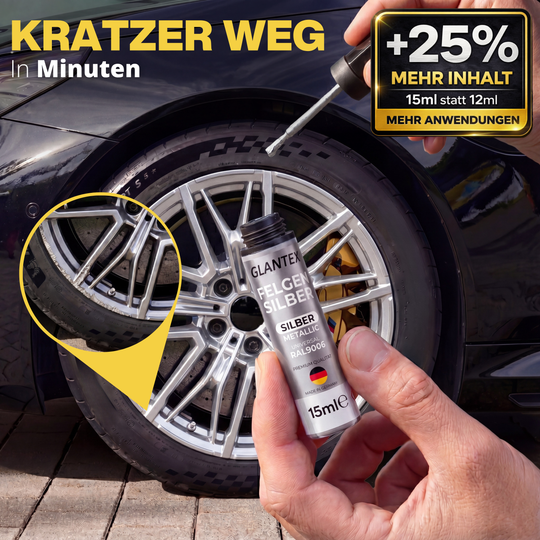 Lackstift Silber Metallic mit geöffneter Verpackung und integriertem Präzisionspinsel
