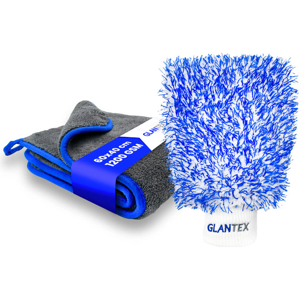 GLANTEX Außen Set mit Waschhandschuh und Trockentuch 1200 GSM