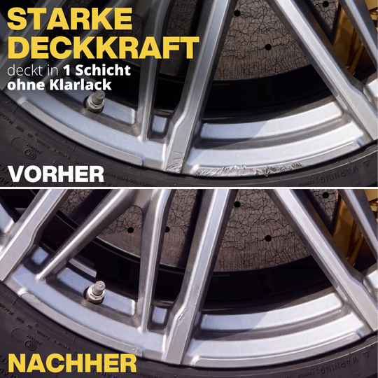 Bordsteinschaden an einer silbernen Alufelge vor der Ausbesserung
