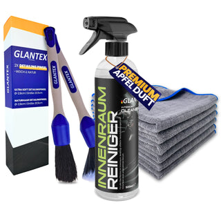 GLANTEX Innenraum Set Plus mit Innenraumreiniger 500 ml, 2 Detailing Pinseln und 6 Mikrofasertüchern