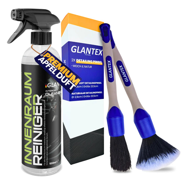 GLANTEX Innenraum Set mit Innenraumreiniger 500 ml und 2 Detailing Pinseln